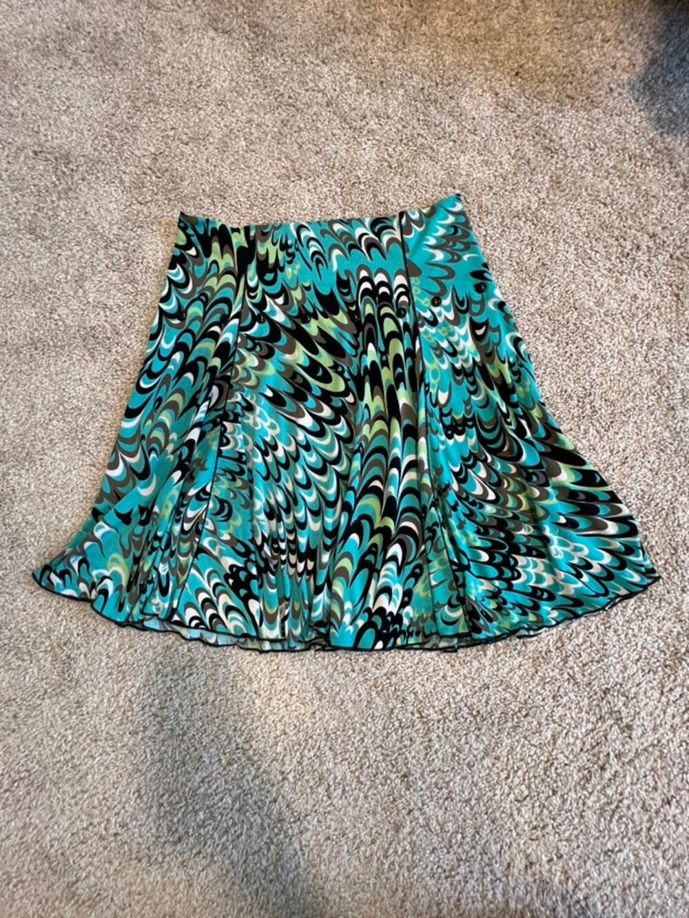 Eva Varro Abstract Swirl Print Pleated Flare Skirt Turquoise Retro Y2K Statement